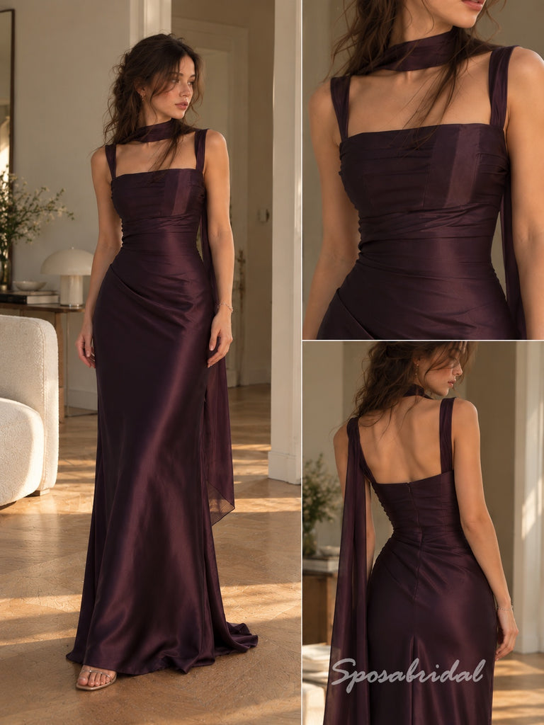 Chocolate Brown Satin Thick Strap Square Neck Sheath Floor Length Evening Dress With Choker Sash,PD4326