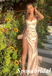 Sexy Gold Elastic Satin Sweetheart V-Neck Mermaid Long Prom Dresses With Split, PD3821