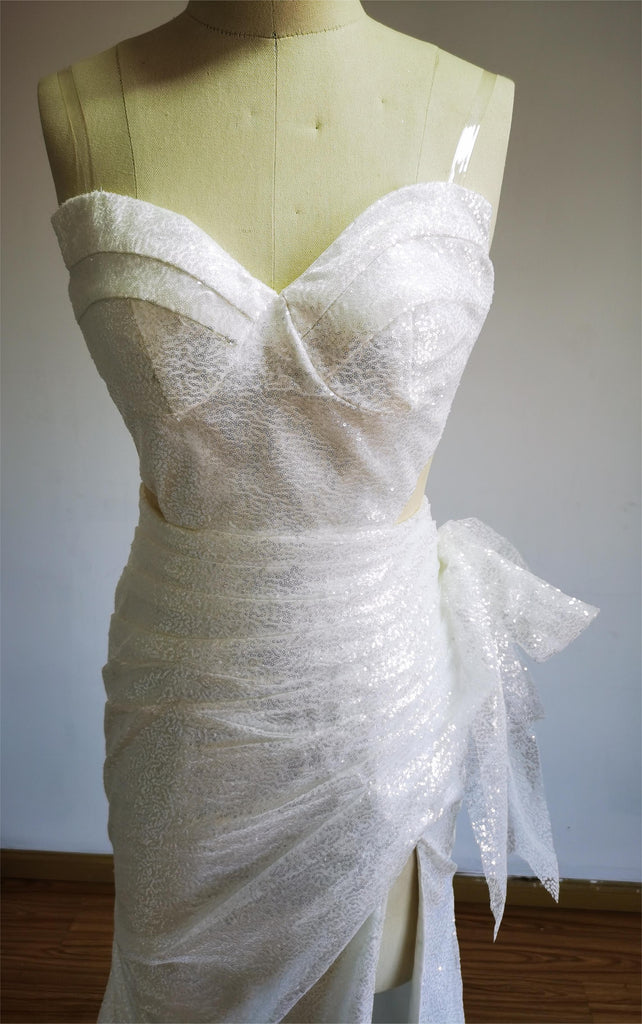 Sparkly Spaghetti Straps White Mermaid Sequin Prom Dresses, Evening Dress, PD2401