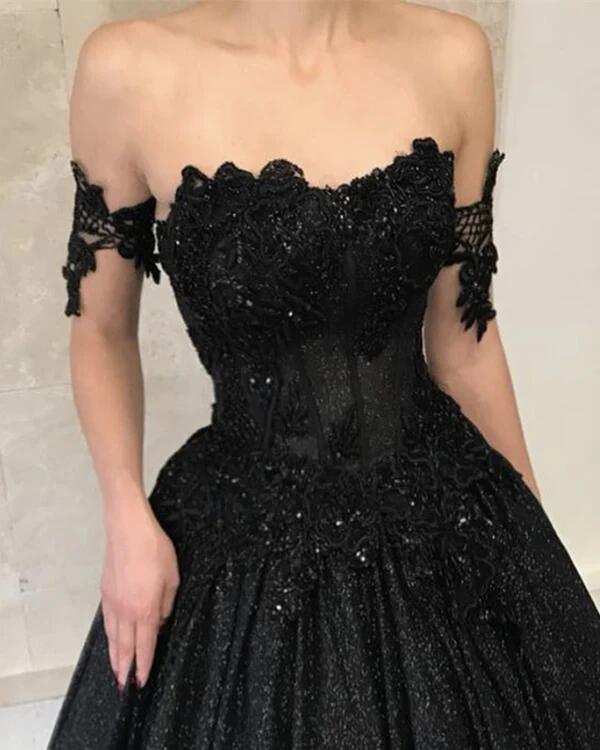 Black Off the Shoulder A-line Sparkly Sequin Elegant Modest Prom Dresses, Ball Gwon, Prom Dress PD1825