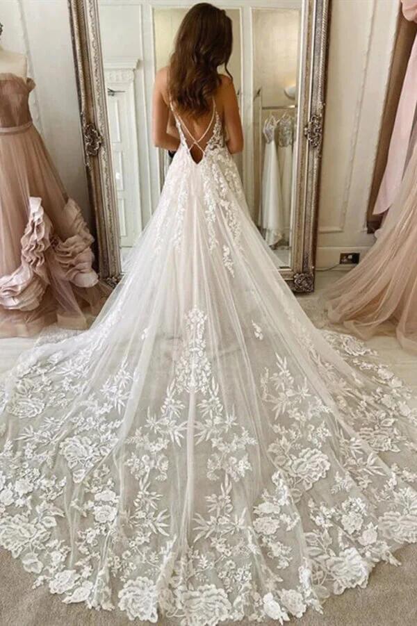 A-line Lace Spaghetti Straps Vintage Elegant Wedding Dresses, Prom Dresses WD0368