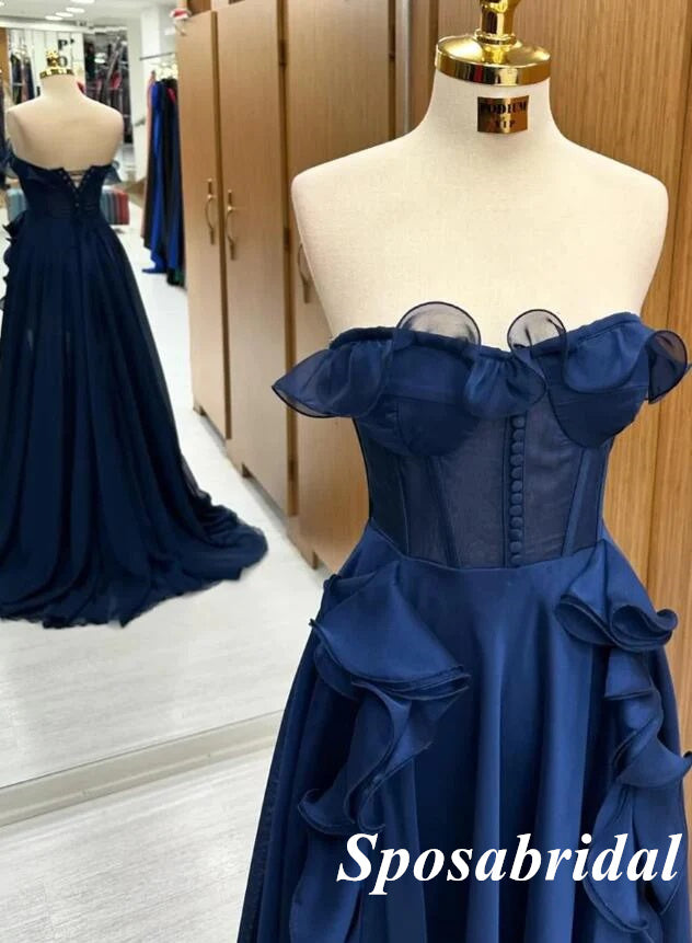Elegant Dark-Navy Sweetheart A-Line Prom Dresses With Ruffles, PD3860