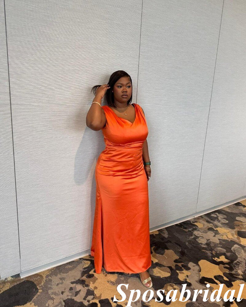 Orange Soft Satin Spaghetti Straps V-Neck Mermaid Maxi Long Dress Bridesmaid Dresses, BD3404