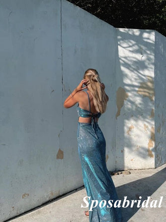 Sparkly Special Fabric Spaghetti Straps Sleeveless Side Slit Mermaid Long Prom Dresses, PD3868