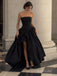 Black Strapless Ruched Bodice High Slit Ball Gown Floor Length Evening Dress,PD4319