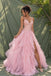 V-Neck Spaghetti Strap Beaded Evening Dress, Ruffled Tulle Skirt Pink Formal Gown, PD4379