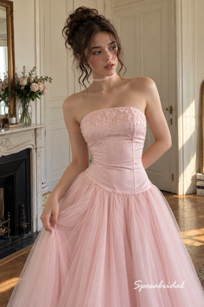 Blush Pink Beaded Embroidery Satin Strapless Corset Tulle Ball Gown Floor Length Evening Dress, PD4328