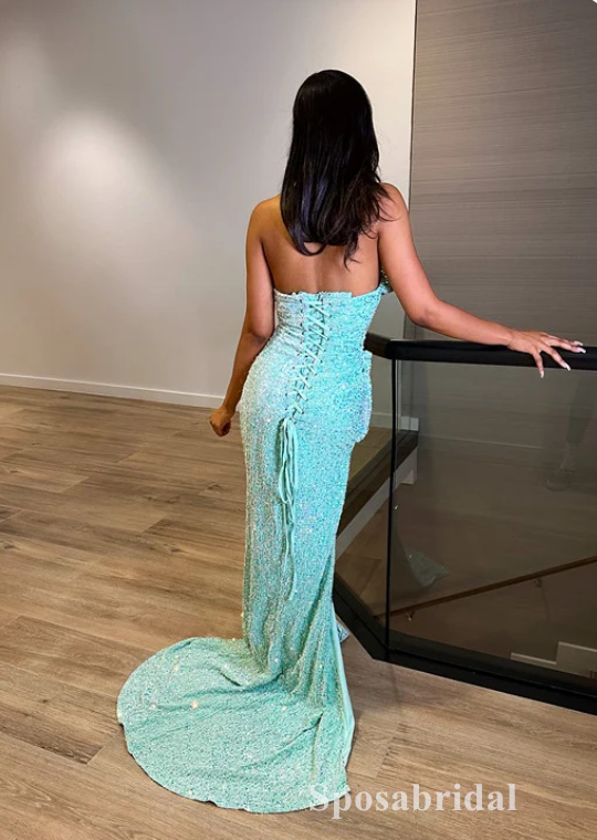 Sexy Sequin Sweetheart V-Neck Sleeveless Side Slit Mermaid Long Prom Dresses,PD3715