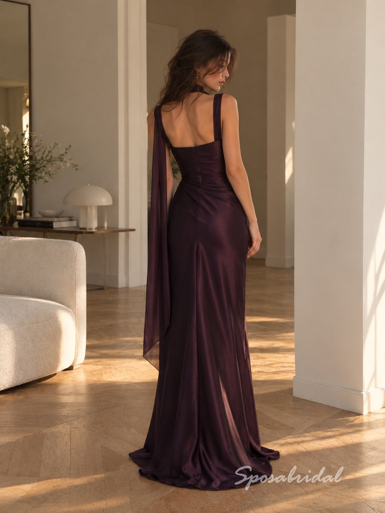 Chocolate Brown Satin Thick Strap Square Neck Sheath Floor Length Evening Dress With Choker Sash,PD4326