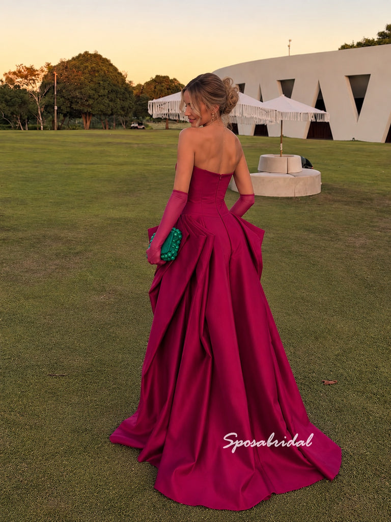 Strapless Draped Mikado Satin Evening Dress, Dramatic Ruffle Skirt Magenta Formal Gown,PD4382