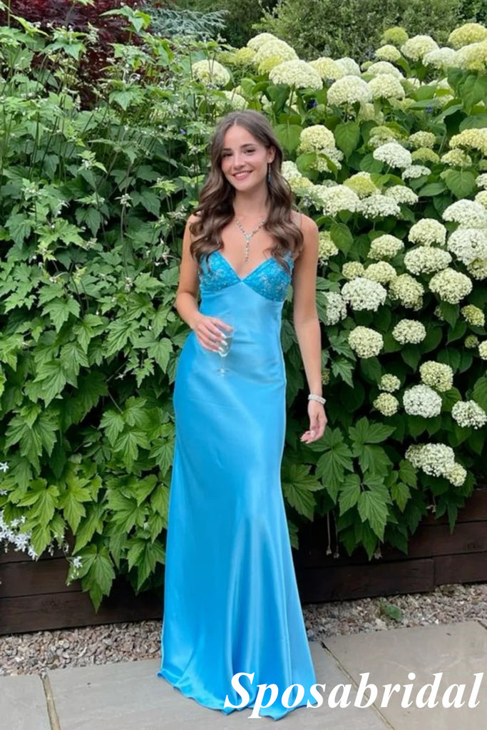 Sexy Soft Satin Spaghetti Straps V-Neck Sleeveless Mermaid Maxi Prom Dress, PD4012