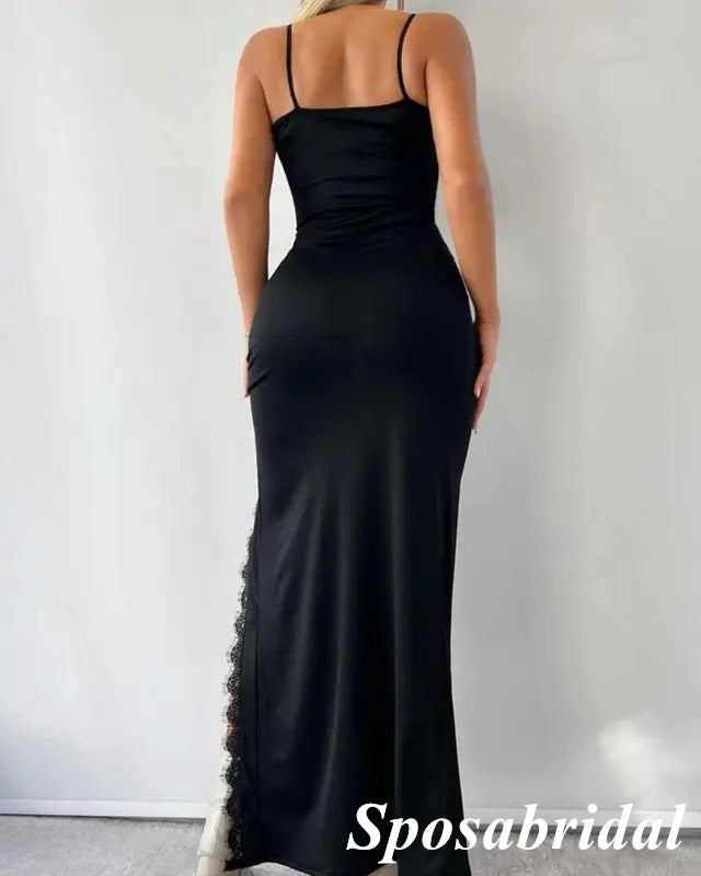 Sexy Black Satin And Lace Spaghetti Straps V-Lace Sleeveless Side Slit Mermaid Long Prom Dresses, PD3743