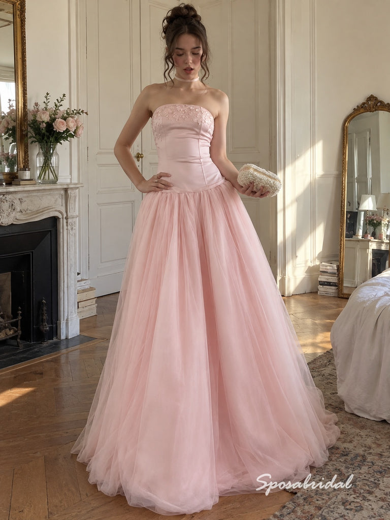 Blush Pink Beaded Embroidery Satin Strapless Corset Tulle Ball Gown Floor Length Evening Dress, PD4328