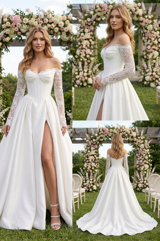 Elegant Off the Shoulder Lace Sleeve Satin Ball Gown Wedding Dress with Slit, WD3110