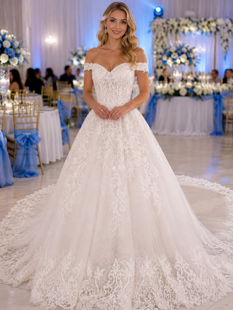 Off The Shoulder Lace Ball Gown Wedding Dress With Cathedral Train, WD3116