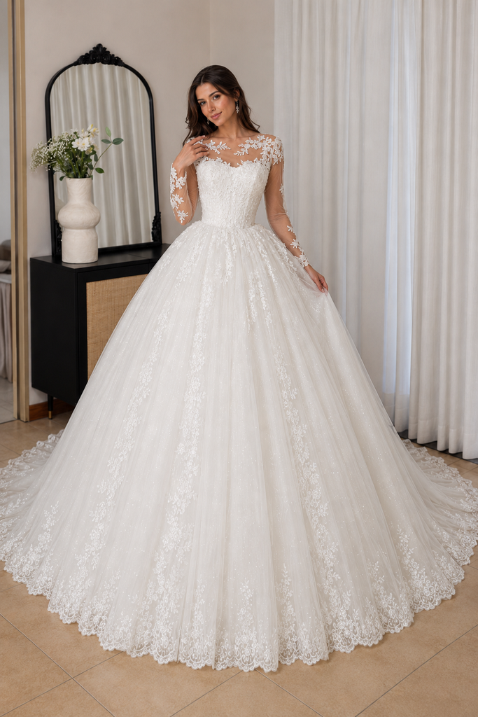 Long Sleeve Lace Tulle Ball Gown White Wedding Dress, WD3117