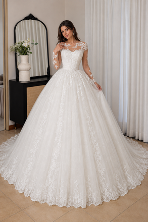 Long Sleeve Lace Tulle Ball Gown White Wedding Dress, WD3117