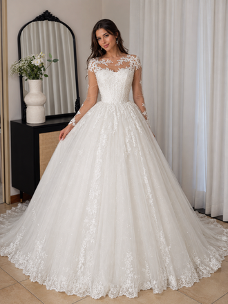 Long Sleeve Lace Tulle Ball Gown White Wedding Dress, WD3117