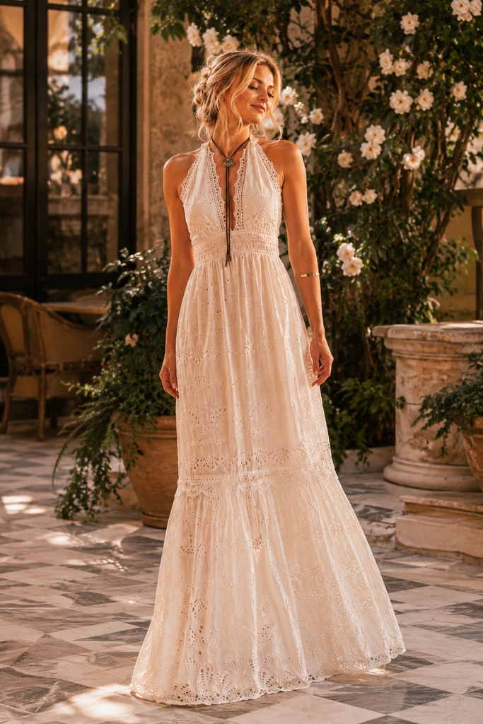 Boho White Eyelet Halter Maxi Wedding Dress, WD3118 – SposaBridal