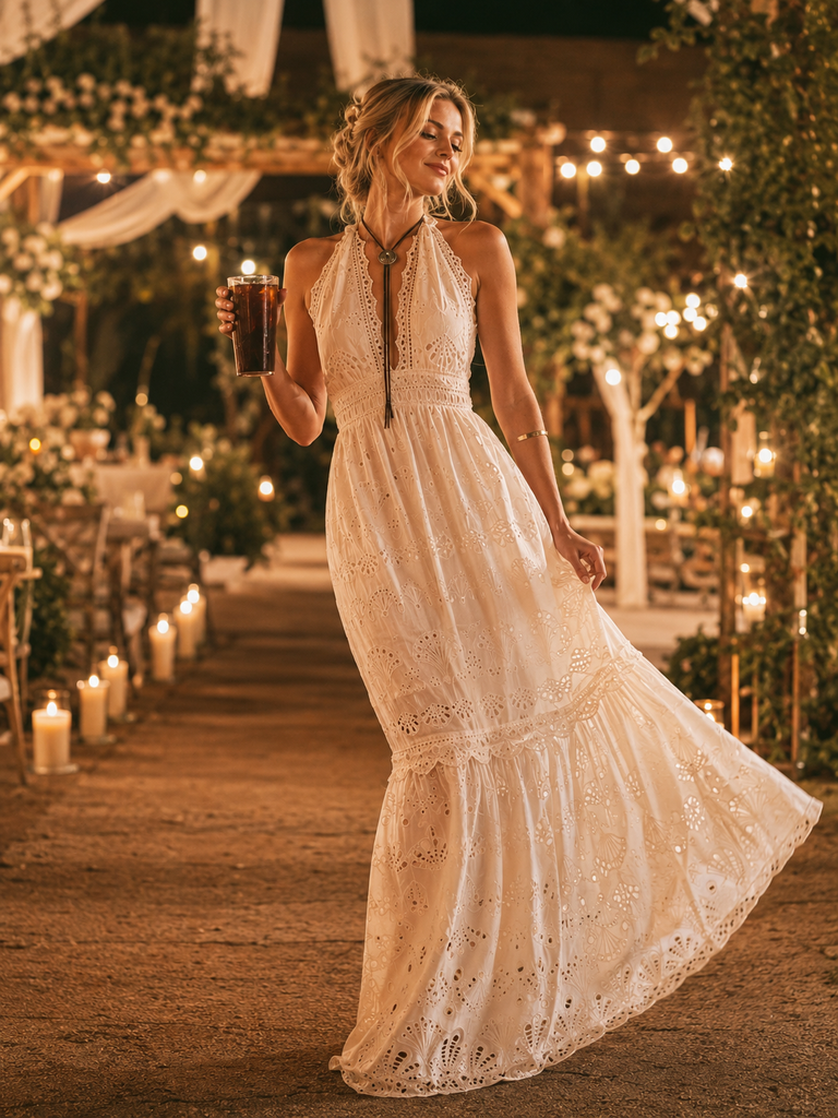 Boho White Eyelet Halter Maxi Wedding Dress, WD3118 – SposaBridal