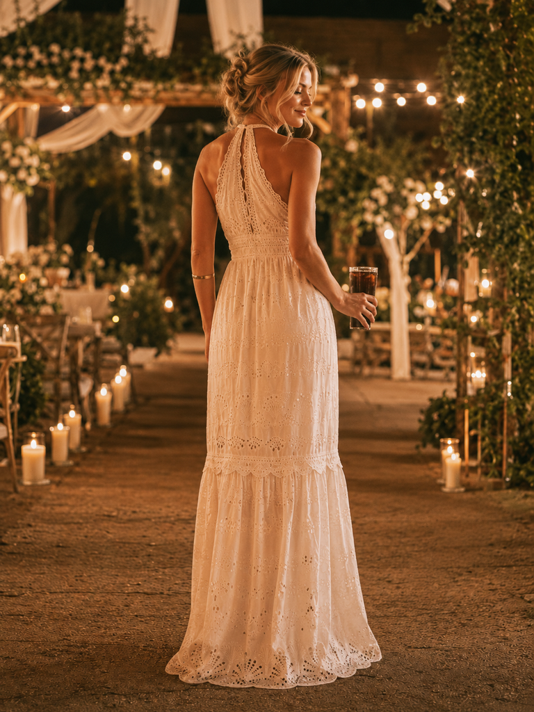 Boho White Eyelet Halter Maxi Wedding Dress, WD3118 – SposaBridal