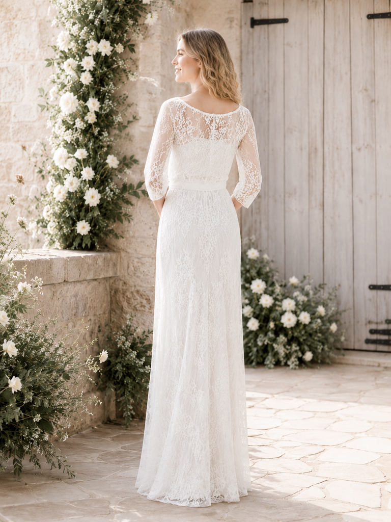 Boat Neck Lace Three Quarter Sleeve Wedding Dress, WD3120