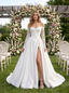 Elegant Off the Shoulder Lace Sleeve Satin Ball Gown Wedding Dress with Slit, WD3110