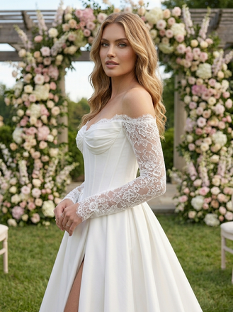 Elegant Off the Shoulder Lace Sleeve Satin Ball Gown Wedding Dress with Slit, WD3110