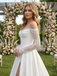 Elegant Off the Shoulder Lace Sleeve Satin Ball Gown Wedding Dress with Slit, WD3110