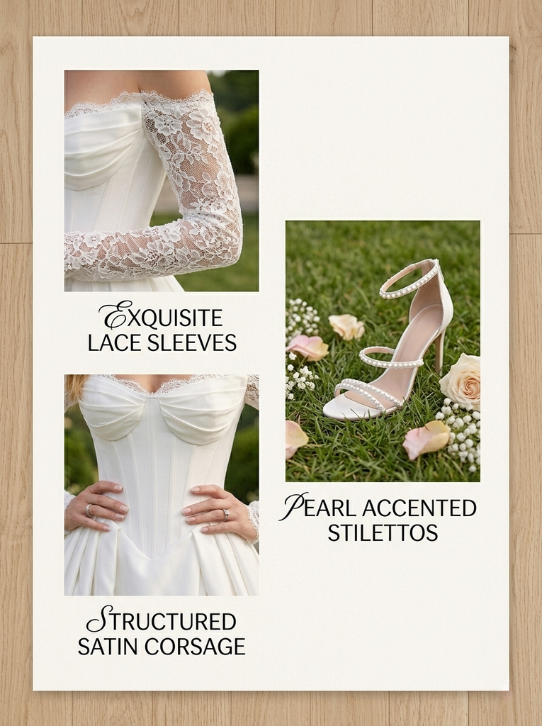 Elegant Off the Shoulder Lace Sleeve Satin Ball Gown Wedding Dress with Slit, WD3110