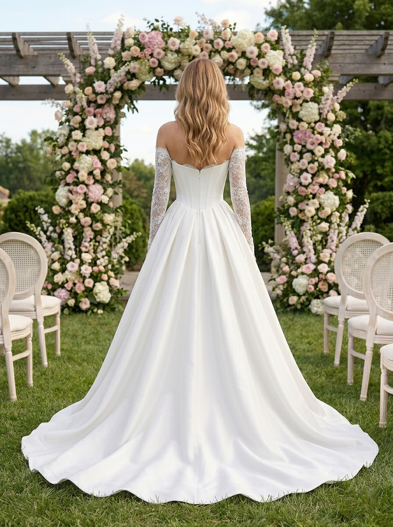 Elegant Off the Shoulder Lace Sleeve Satin Ball Gown Wedding Dress with Slit, WD3110