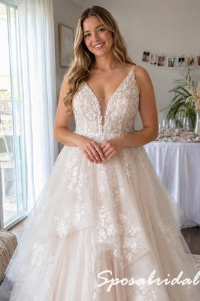 Lace Floral Tulle Deep V Spaghetti Straps Corset Back Wedding Dress Bridal Gown, WD3122