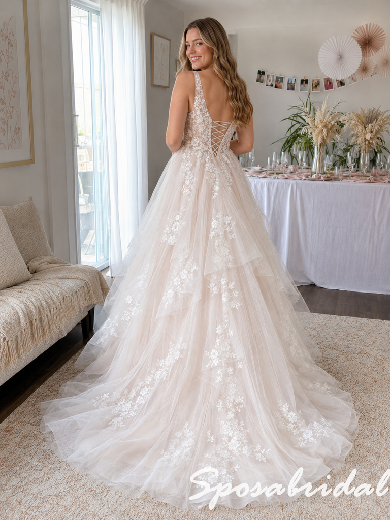 Lace Floral Tulle Deep V Spaghetti Straps Corset Back Wedding Dress Bridal Gown, WD3122