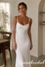 Soft White Satin Mermaid Wedding Dress Pearl Spaghetti Straps Cowl Bridal Gown, WD3124