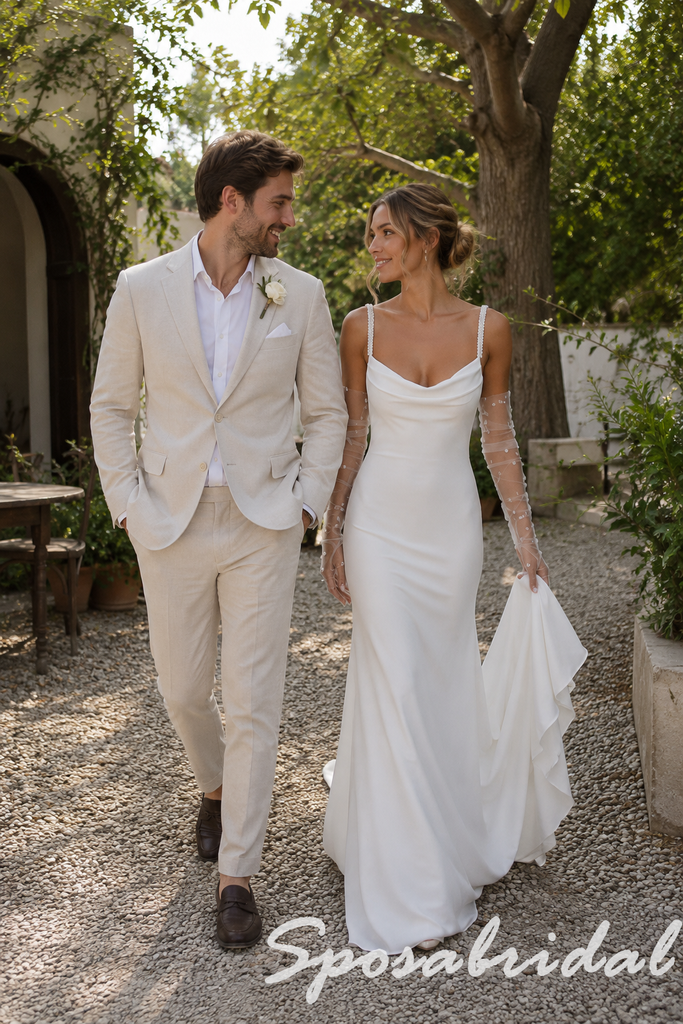 Soft White Satin Mermaid Wedding Dress Pearl Spaghetti Straps Cowl Bri – SposaBridal