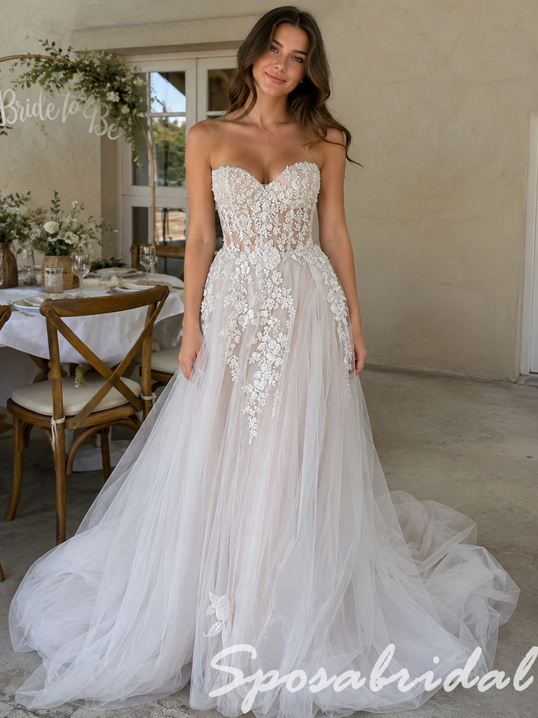 Ivory Floral Lace Strapless Sweetheart Sheer Corset Bodice Tulle A-Line Romantic Bridal Gown, WD3123