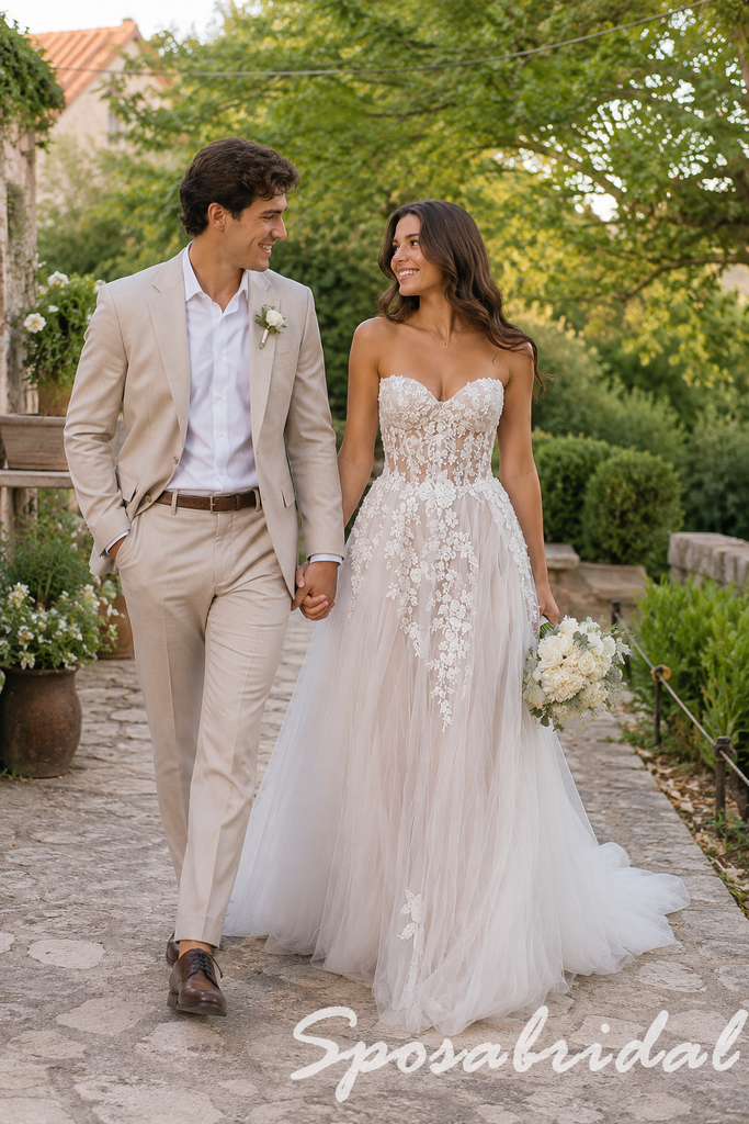 Ivory Floral Lace Strapless Sweetheart Sheer Corset Bodice Tulle A-Line Romantic Bridal Gown, WD3123