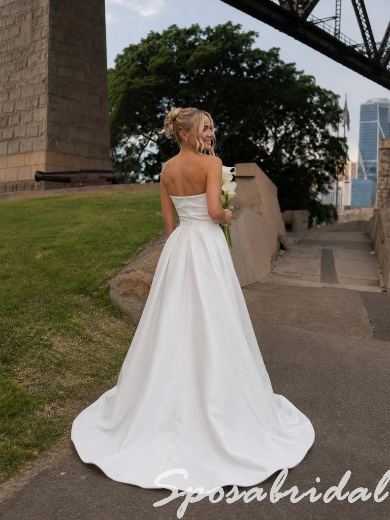 Elegant Strapless White Satin Wedding Dress With High Slit Minimalist Bridal Gown, WD3125