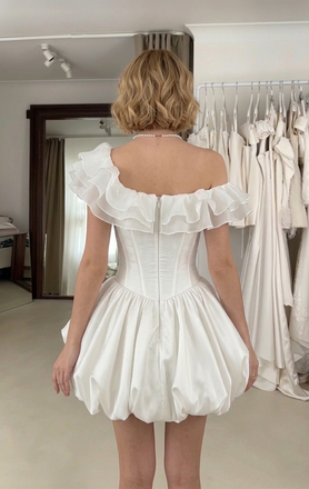 Modern White Satin Ruffle One Shoulder Short A-Line Bridal Gown, WD3111