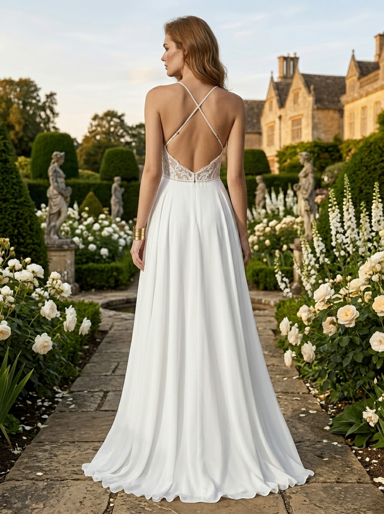 Simple White Chiffon V-Neck Wedding Dress with Double Slits, WD3112