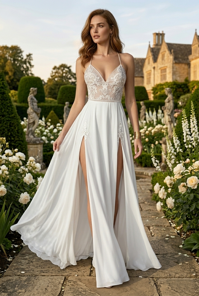Simple White Chiffon V-Neck Wedding Dress with Double Slits, WD3112