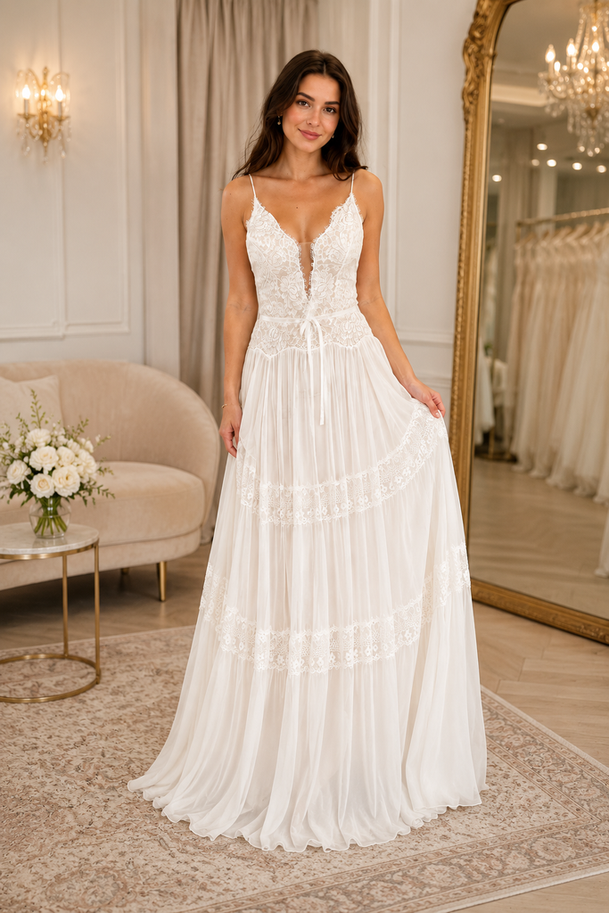 Bohemian White Lace Chiffon Wedding Dress Spaghetti Strap A-Line Boho Bridal Gown, WD3113