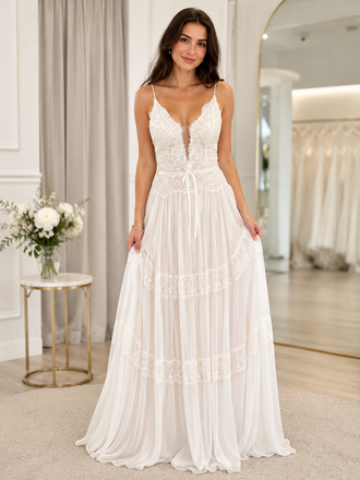 Bohemian White Lace Chiffon Wedding Dress Spaghetti Strap A-Line Boho Bridal Gown, WD3113