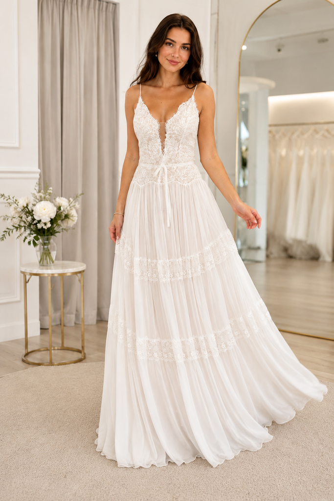 Bohemian White Lace Chiffon Wedding Dress Spaghetti Strap A-Line Boho Bridal Gown, WD3113