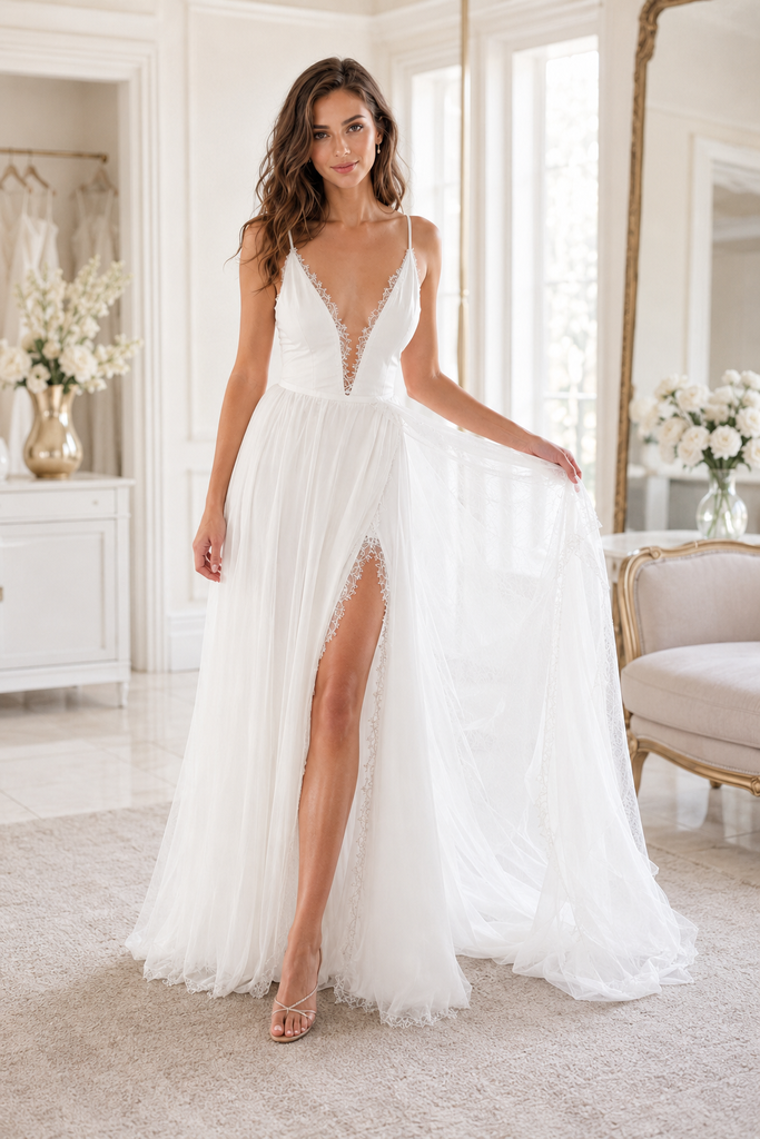 Deep V-Neck Lace White Wedding Dress With Slit Boho Bridal, WD3114