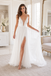 Deep V-Neck Lace White Wedding Dress With Slit Boho Bridal, WD3114