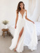 Deep V-Neck Lace White Wedding Dress With Slit Boho Bridal, WD3114