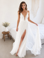 Deep V-Neck Lace White Wedding Dress With Slit Boho Bridal, WD3114