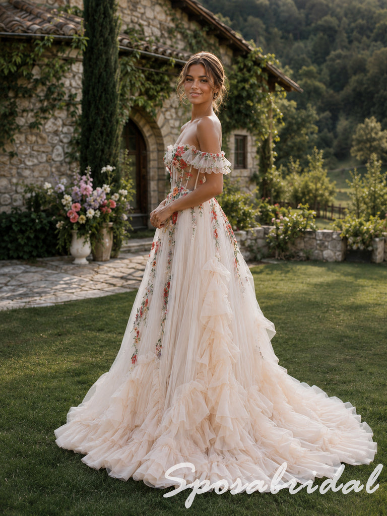 Boho 3D Floral Tulle Ruffle Off Shoulder Wedding Gown, WD3127