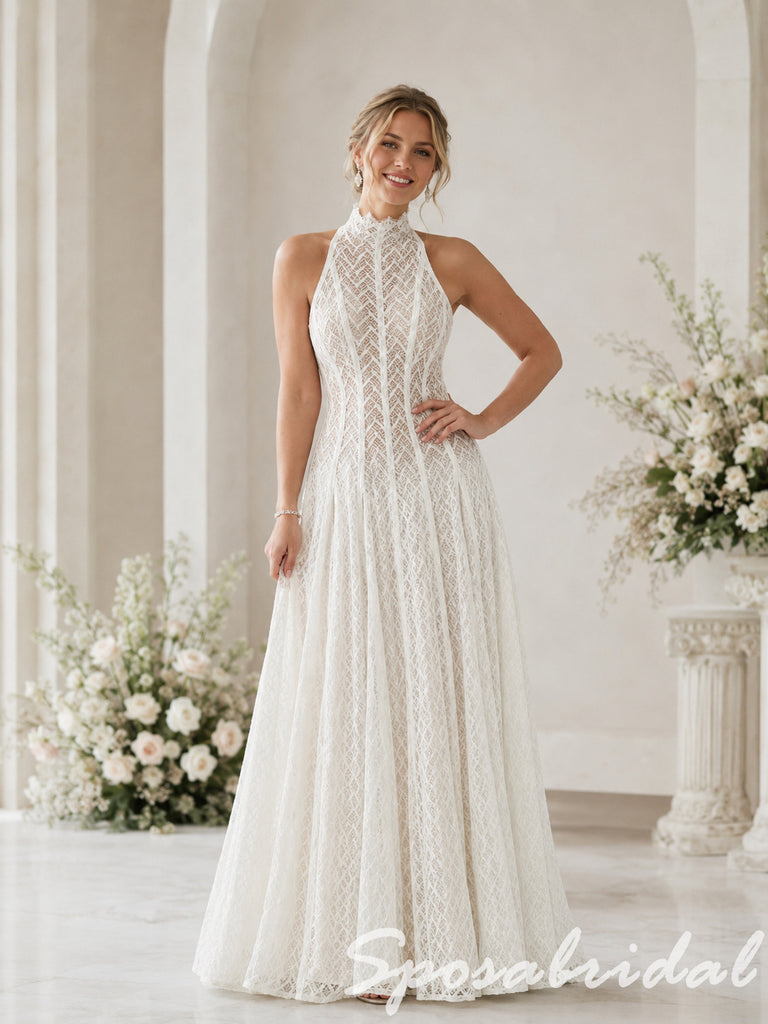 Romantic High Neck Sleeveless Lace Bridal Gown, WD3128